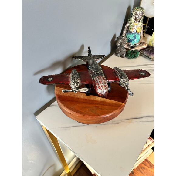 Vintage Cast Iron Red Airplane • Twin Engine • Heavy Antique Style Model Plane - Picture 2 of 16